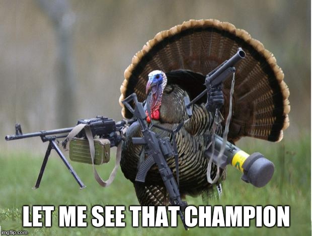 turkey | LET ME SEE THAT CHAMPION | image tagged in turkey | made w/ Imgflip meme maker