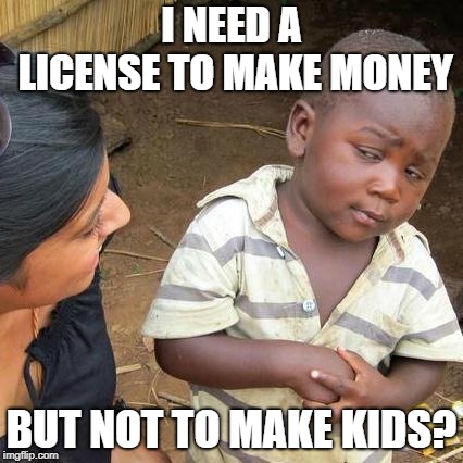Third World Skeptical Kid | I NEED A LICENSE TO MAKE MONEY; BUT NOT TO MAKE KIDS? | image tagged in memes,third world skeptical kid | made w/ Imgflip meme maker