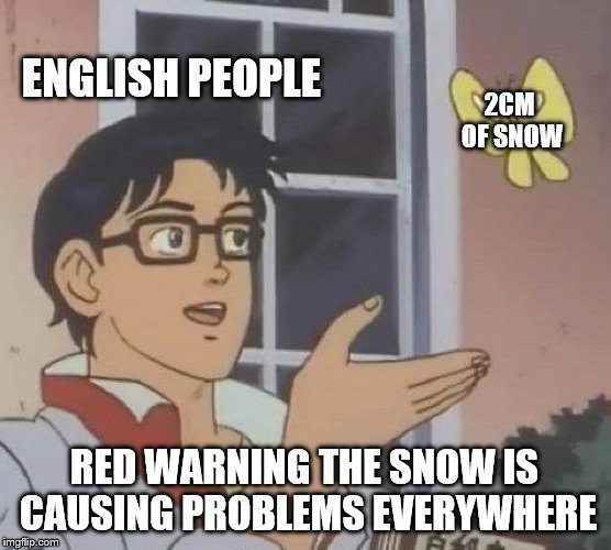 Is This A Pigeon | ENGLISH PEOPLE; 2CM OF SNOW; RED WARNING THE SNOW IS CAUSING PROBLEMS EVERYWHERE | image tagged in memes,is this a pigeon | made w/ Imgflip meme maker