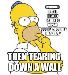 Homer Simpson Hmmmm | I WONDER IF IT'LL BE ALOT EASIER TO REPEAL 'TOUGHER SECURITY MEASURES' THEN TEARING DOWN A WALL | image tagged in homer simpson hmmmm | made w/ Imgflip meme maker