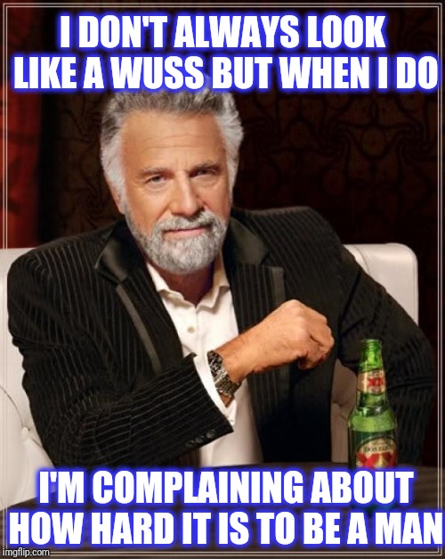 The Most Interesting Man In The World Meme | I DON'T ALWAYS LOOK LIKE A WUSS BUT WHEN I DO I'M COMPLAINING ABOUT HOW HARD IT IS TO BE A MAN | image tagged in memes,the most interesting man in the world | made w/ Imgflip meme maker
