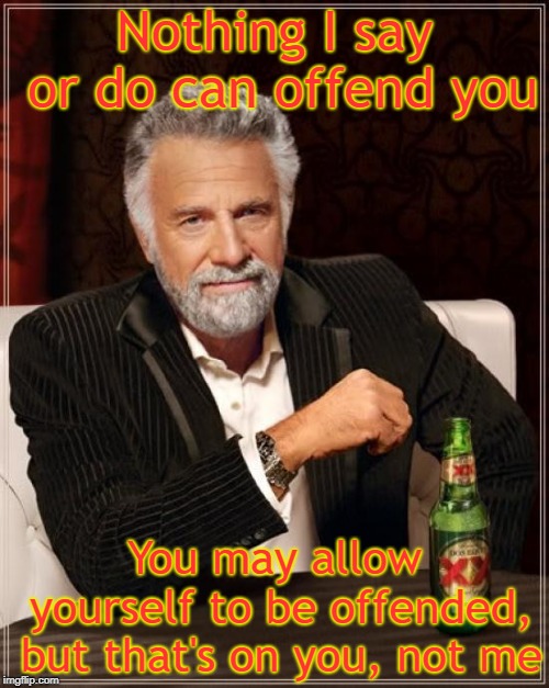 are you offended by things? | Nothing I say or do can offend you; You may allow yourself to be offended, but that's on you, not me | image tagged in memes,the most interesting man in the world | made w/ Imgflip meme maker