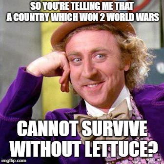 Willy Wonka Blank | SO YOU'RE TELLING ME THAT A COUNTRY WHICH WON 2 WORLD WARS; CANNOT SURVIVE WITHOUT LETTUCE? | image tagged in willy wonka blank | made w/ Imgflip meme maker
