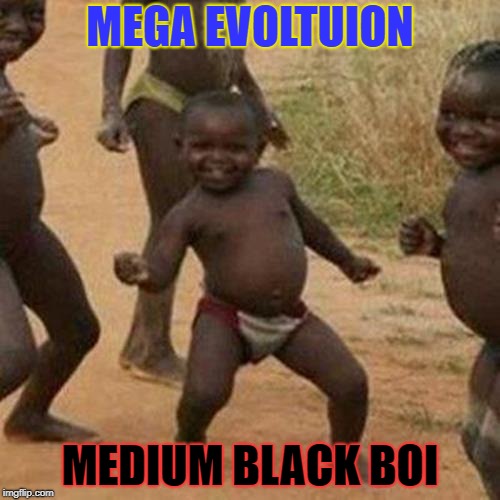 just Boi | MEGA EVOLTUION; MEDIUM BLACK BOI | image tagged in third world success kid | made w/ Imgflip meme maker