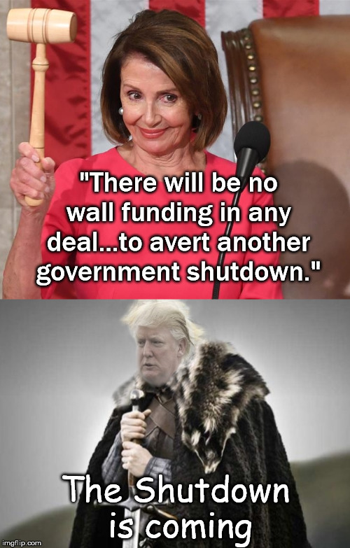 Here we go Again | "There will be no wall funding in any deal...to avert another government shutdown."; The Shutdown is coming | image tagged in trump prepare,nancy pelosi,government shutdown | made w/ Imgflip meme maker