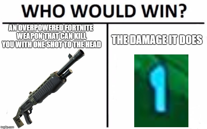 Who Would Win? | AN OVERPOWERED FORTNITE WEAPON THAT CAN KILL YOU WITH ONE SHOT TO THE HEAD; THE DAMAGE IT DOES | image tagged in memes,who would win | made w/ Imgflip meme maker