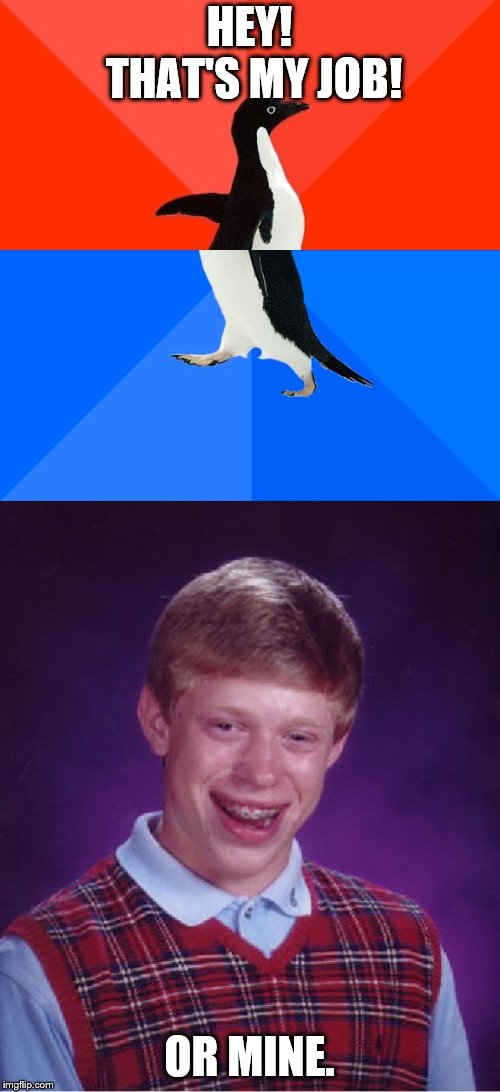 HEY! THAT'S MY JOB! OR MINE. | image tagged in memes,socially awesome awkward penguin,bad luck brian | made w/ Imgflip meme maker