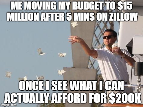 Leonardo DiCaprio throwing Money  | ME MOVING MY BUDGET TO $15 MILLION AFTER 5 MINS ON ZILLOW; ONCE I SEE WHAT I CAN ACTUALLY AFFORD FOR $200K | image tagged in leonardo dicaprio throwing money | made w/ Imgflip meme maker