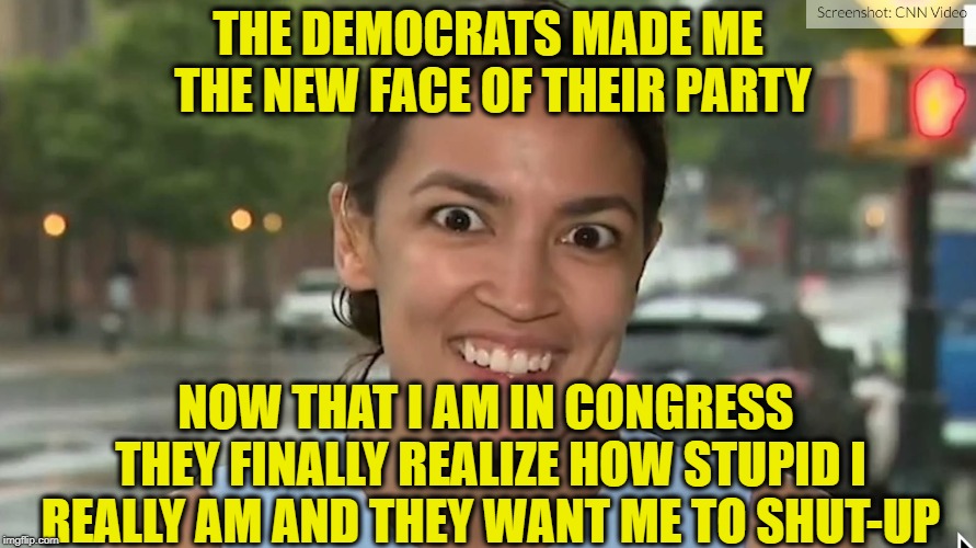 Keep on talking, Alexandria!! | THE DEMOCRATS MADE ME THE NEW FACE OF THEIR PARTY; NOW THAT I AM IN CONGRESS THEY FINALLY REALIZE HOW STUPID I REALLY AM AND THEY WANT ME TO SHUT-UP | image tagged in alexandria ocasio-cortez,crazy alexandria ocasio-cortez,democratic party,democrats | made w/ Imgflip meme maker