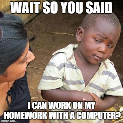 Third World Skeptical Kid | WAIT SO YOU SAID; I CAN WORK ON MY HOMEWORK WITH A COMPUTER? | image tagged in memes,third world skeptical kid | made w/ Imgflip meme maker
