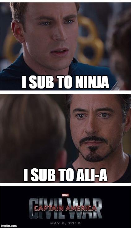 Marvel Civil War 1 | I SUB TO NINJA; I SUB TO ALI-A | image tagged in memes,marvel civil war 1 | made w/ Imgflip meme maker