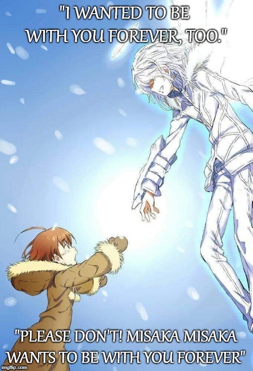"PLEASE DON'T! MISAKA MISAKA WANTS TO BE WITH YOU FOREVER" | image tagged in a certain magical index,accelerator,last order,wwiii | made w/ Imgflip meme maker