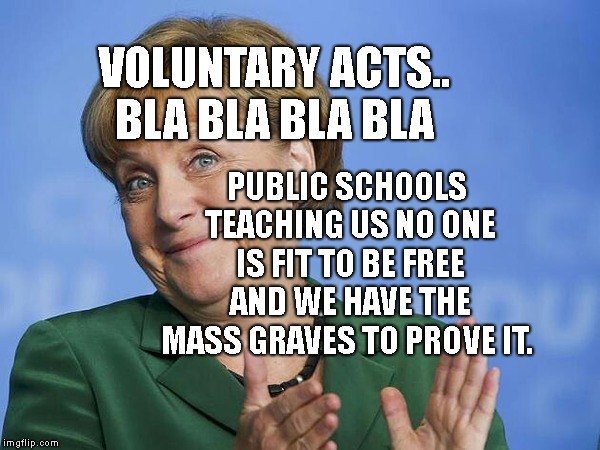 Angela Merkel | PUBLIC SCHOOLS TEACHING US NO ONE IS FIT TO BE FREE AND WE HAVE THE MASS GRAVES TO PROVE IT. VOLUNTARY ACTS.. BLA BLA BLA BLA | image tagged in angela merkel | made w/ Imgflip meme maker