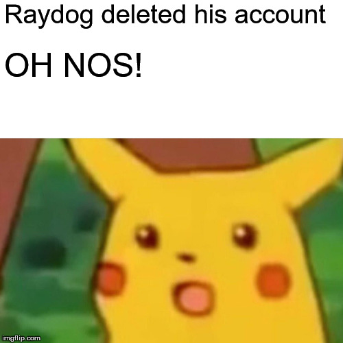 Surprised Pikachu | Raydog deleted his account; OH NOS! | image tagged in memes,surprised pikachu | made w/ Imgflip meme maker