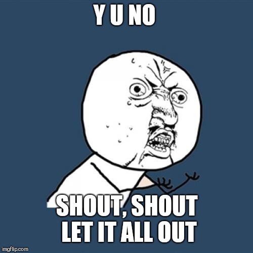 Y U No Meme | Y U NO SHOUT, SHOUT LET IT ALL OUT | image tagged in memes,y u no | made w/ Imgflip meme maker