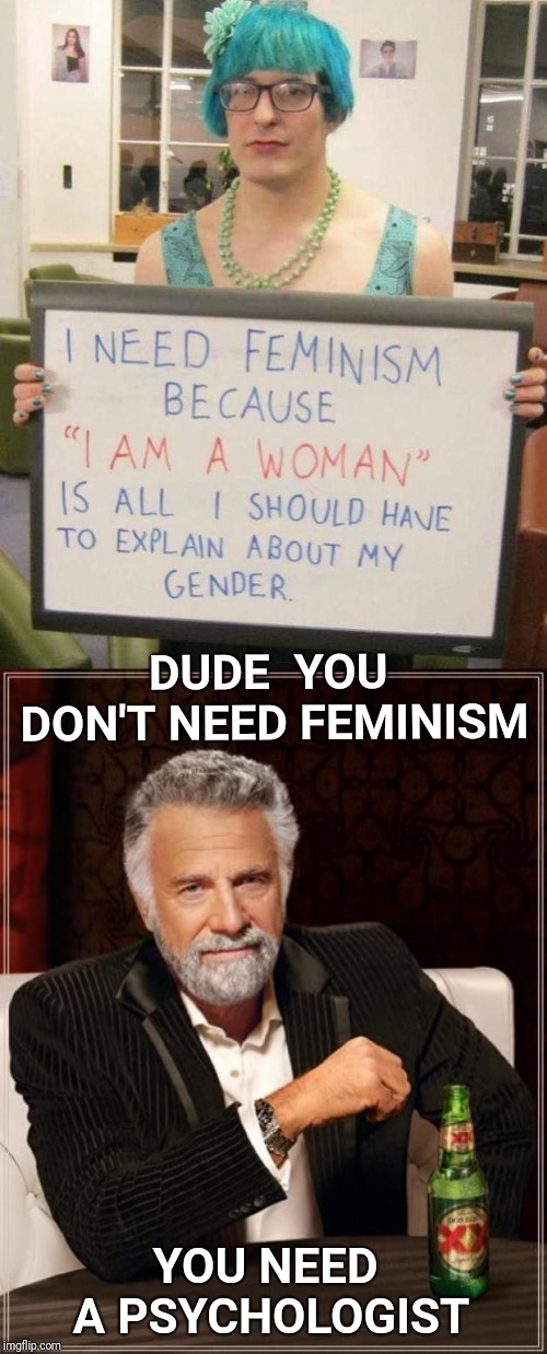The most effeminate man in the world | DUDE  YOU DON'T NEED FEMINISM; YOU NEED A PSYCHOLOGIST | image tagged in memes,the most interesting man in the world,feminism,transgender,psychology,psychologist | made w/ Imgflip meme maker