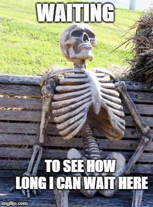 Waiting Skeleton Meme | WAITING; TO SEE HOW LONG I CAN WAIT HERE | image tagged in memes,waiting skeleton | made w/ Imgflip meme maker