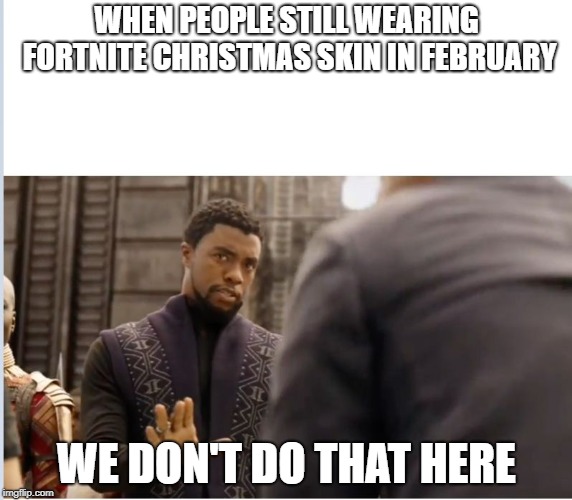 We don't do that here | WHEN PEOPLE STILL WEARING FORTNITE CHRISTMAS SKIN IN FEBRUARY; WE DON'T DO THAT HERE | image tagged in we don't do that here | made w/ Imgflip meme maker