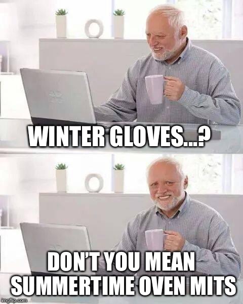Cheap or genius, hard call | WINTER GLOVES...? DON’T YOU MEAN SUMMERTIME OVEN MITS | image tagged in memes,hide the pain harold | made w/ Imgflip meme maker