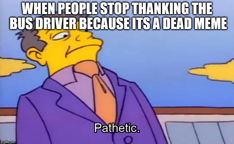 Pathetic Principal | WHEN PEOPLE STOP THANKING THE BUS DRIVER BECAUSE ITS A DEAD MEME | image tagged in pathetic principal | made w/ Imgflip meme maker