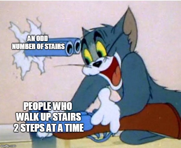 Tom and Jerry | AN ODD NUMBER OF STAIRS; PEOPLE WHO WALK UP STAIRS 2 STEPS AT A TIME | image tagged in tom and jerry | made w/ Imgflip meme maker