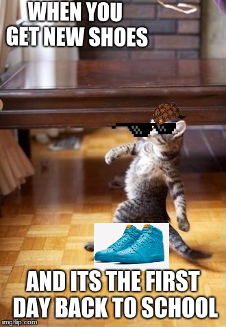 Cool Cat Stroll Meme | WHEN YOU GET NEW SHOES; AND ITS THE FIRST DAY BACK TO SCHOOL | image tagged in memes,cool cat stroll | made w/ Imgflip meme maker