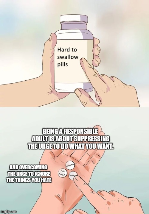 Growing Pains | BEING A RESPONSIBLE ADULT IS ABOUT SUPPRESSING THE URGE TO DO WHAT YOU WANT. AND OVERCOMING THE URGE TO IGNORE THE THINGS YOU HATE | image tagged in memes,hard to swallow pills,adult,growing up,life | made w/ Imgflip meme maker