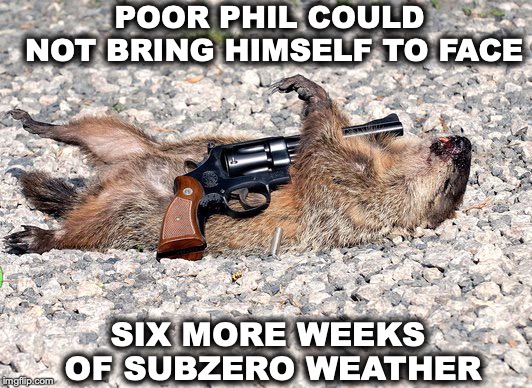 Fatal Prediction | POOR PHIL COULD NOT BRING HIMSELF TO FACE; SIX MORE WEEKS OF SUBZERO WEATHER | image tagged in punxsutawney phil,groundhog day,cold weather | made w/ Imgflip meme maker