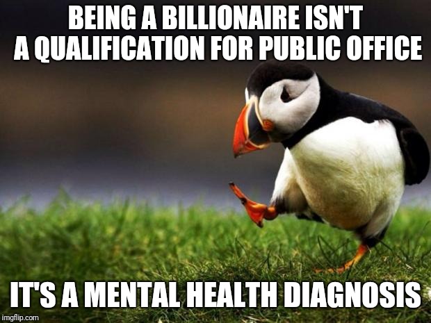 Unpopular Opinion Puffin | BEING A BILLIONAIRE ISN'T A QUALIFICATION FOR PUBLIC OFFICE; IT'S A MENTAL HEALTH DIAGNOSIS | image tagged in memes,unpopular opinion puffin | made w/ Imgflip meme maker