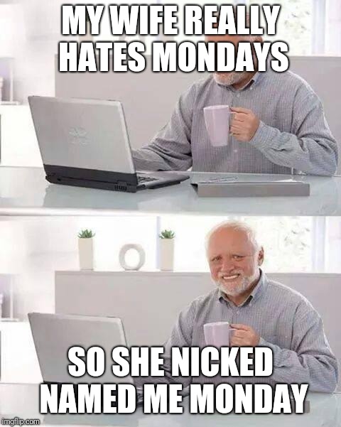 Hide the Pain Harold | MY WIFE REALLY HATES MONDAYS; SO SHE NICKED NAMED ME MONDAY | image tagged in memes,hide the pain harold | made w/ Imgflip meme maker