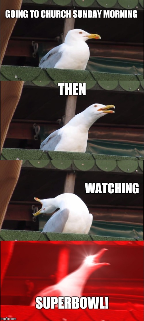 Inhaling Seagull | GOING TO CHURCH SUNDAY MORNING; THEN; WATCHING; SUPERBOWL! | image tagged in memes,inhaling seagull | made w/ Imgflip meme maker