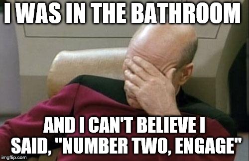Captain Picard Facepalm Meme | I WAS IN THE BATHROOM; AND I CAN'T BELIEVE I SAID, "NUMBER TWO, ENGAGE" | image tagged in memes,captain picard facepalm | made w/ Imgflip meme maker
