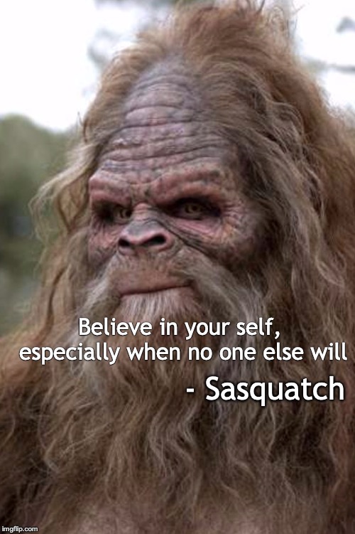 Don’t Stop Believing | Believe in your self, especially when no one else will; - Sasquatch | image tagged in motivational,sasquatch,don't stop believing | made w/ Imgflip meme maker