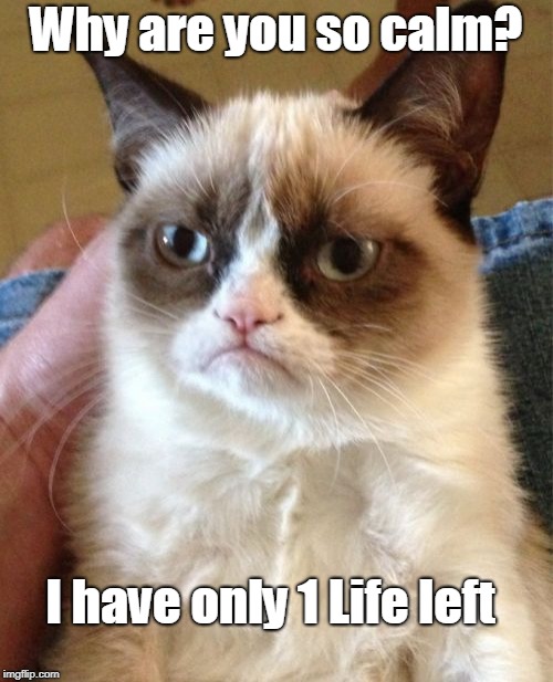 Grumpy Cat | Why are you so calm? I have only 1 Life left | image tagged in memes,grumpy cat | made w/ Imgflip meme maker