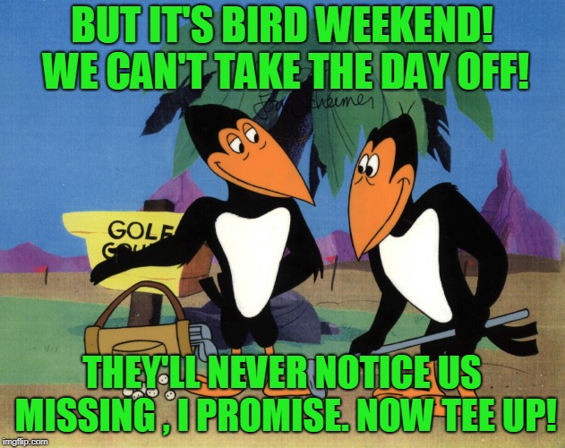 Bird Weekend February 1-3, a moemeobro, Claybourne, and 1forpeace Event! | BUT IT'S BIRD WEEKEND! WE CAN'T TAKE THE DAY OFF! THEY'LL NEVER NOTICE US MISSING , I PROMISE. NOW TEE UP! | image tagged in heckle and jeckle,memes,bird weekend,nixieknox | made w/ Imgflip meme maker