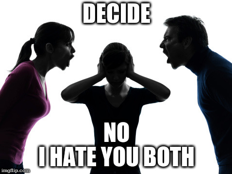 decide -- no, i hate you both | DECIDE; NO; I HATE YOU BOTH | image tagged in small family,parenting,unwanted child,generation gap,first parents,outcast | made w/ Imgflip meme maker