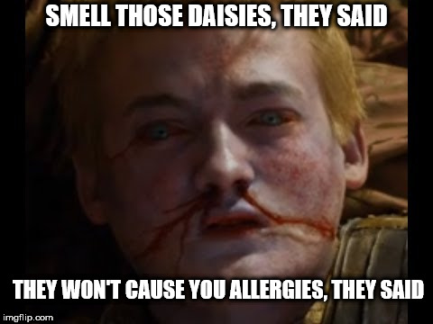 SMELL THOSE DAISIES, THEY SAID; THEY WON'T CAUSE YOU ALLERGIES, THEY SAID | image tagged in game of thrones | made w/ Imgflip meme maker