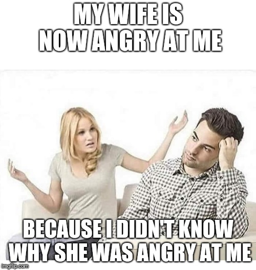 MY WIFE IS NOW ANGRY AT ME; BECAUSE I DIDN'T KNOW WHY SHE WAS ANGRY AT ME | image tagged in angry wife yells at husband | made w/ Imgflip meme maker