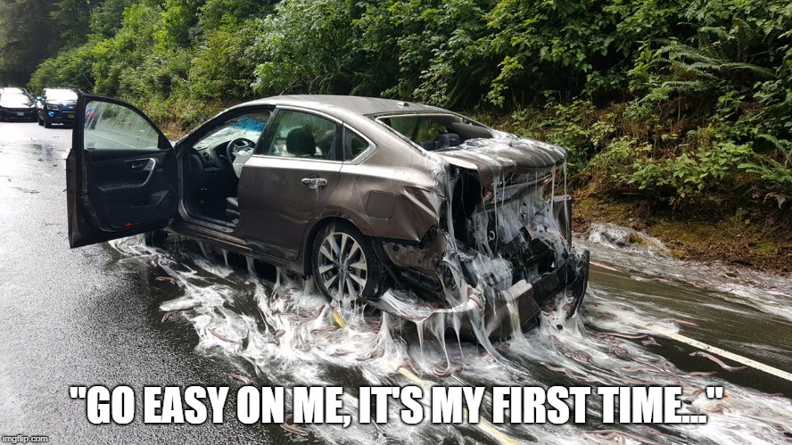 Wrecked | "GO EASY ON ME, IT'S MY FIRST TIME..." | image tagged in sex,funny,cars,anal sex | made w/ Imgflip meme maker