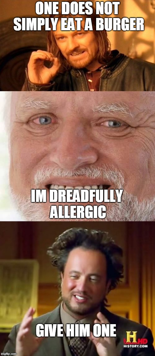 well i'm out of stuff | ONE DOES NOT SIMPLY EAT A BURGER; IM DREADFULLY ALLERGIC; GIVE HIM ONE | image tagged in memes,one does not simply,ancient aliens,harold smiling,iv'e hit the crapper | made w/ Imgflip meme maker