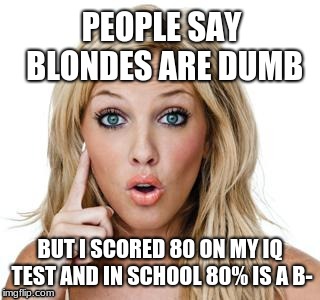 Dumb Blondes | PEOPLE SAY BLONDES ARE DUMB; BUT I SCORED 80 ON MY IQ TEST AND IN SCHOOL 80% IS A B- | image tagged in dumb blonde | made w/ Imgflip meme maker