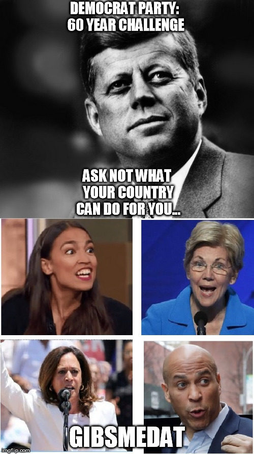 60 YEAR CHALLENGE | DEMOCRAT PARTY: 60 YEAR CHALLENGE; ASK NOT WHAT YOUR COUNTRY CAN DO FOR YOU... GIBSMEDAT | image tagged in democratic party | made w/ Imgflip meme maker