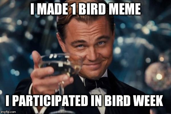 Leonardo Dicaprio Cheers | I MADE 1 BIRD MEME; I PARTICIPATED IN BIRD WEEK | image tagged in memes,leonardo dicaprio cheers | made w/ Imgflip meme maker