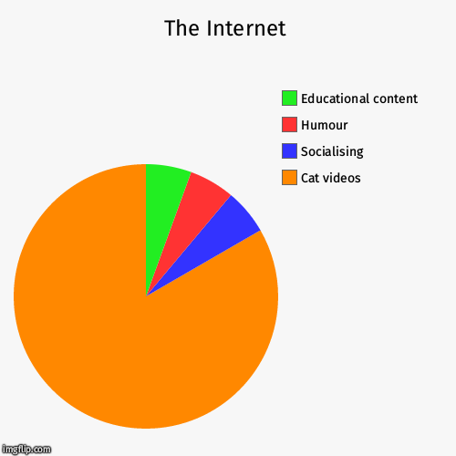 The Internet | Cat videos, Socialising , Humour , Educational content | image tagged in funny,pie charts | made w/ Imgflip chart maker