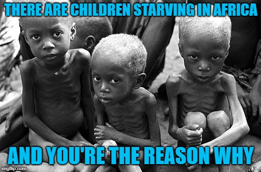 african children | THERE ARE CHILDREN STARVING IN AFRICA AND YOU'RE THE REASON WHY | image tagged in african children | made w/ Imgflip meme maker