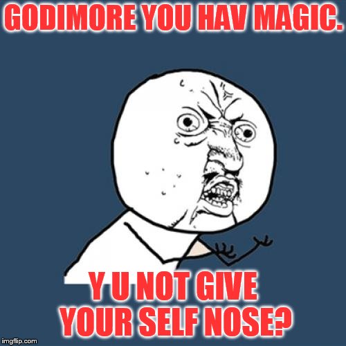 Y U No Meme | GODIMORE YOU HAV MAGIC. Y U NOT GIVE YOUR SELF NOSE? | image tagged in memes,y u no | made w/ Imgflip meme maker