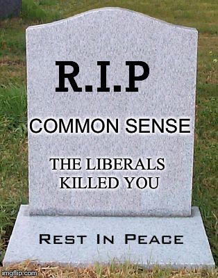 RIP headstone | COMMON SENSE; THE LIBERALS KILLED YOU | image tagged in rip headstone | made w/ Imgflip meme maker