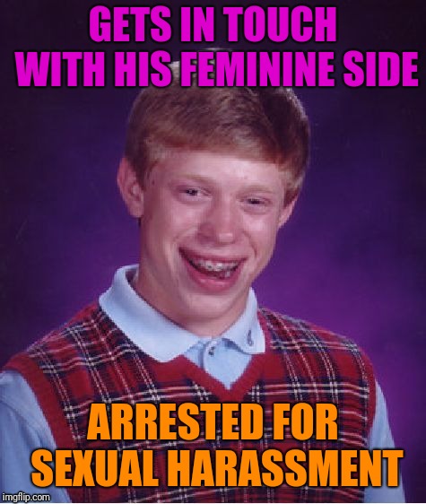 Bad Luck Brian Meme | GETS IN TOUCH WITH HIS FEMININE SIDE; ARRESTED FOR SEXUAL HARASSMENT | image tagged in memes,bad luck brian | made w/ Imgflip meme maker