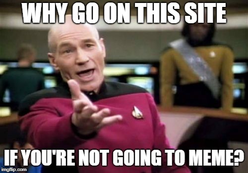 Picard Wtf Meme | WHY GO ON THIS SITE; IF YOU'RE NOT GOING TO MEME? | image tagged in memes,picard wtf | made w/ Imgflip meme maker