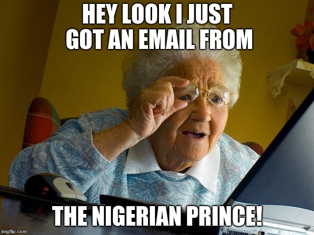 Totally, go accept that email. | HEY LOOK I JUST GOT AN EMAIL FROM; THE NIGERIAN PRINCE! | image tagged in memes,grandma finds the internet,nigerian prince | made w/ Imgflip meme maker